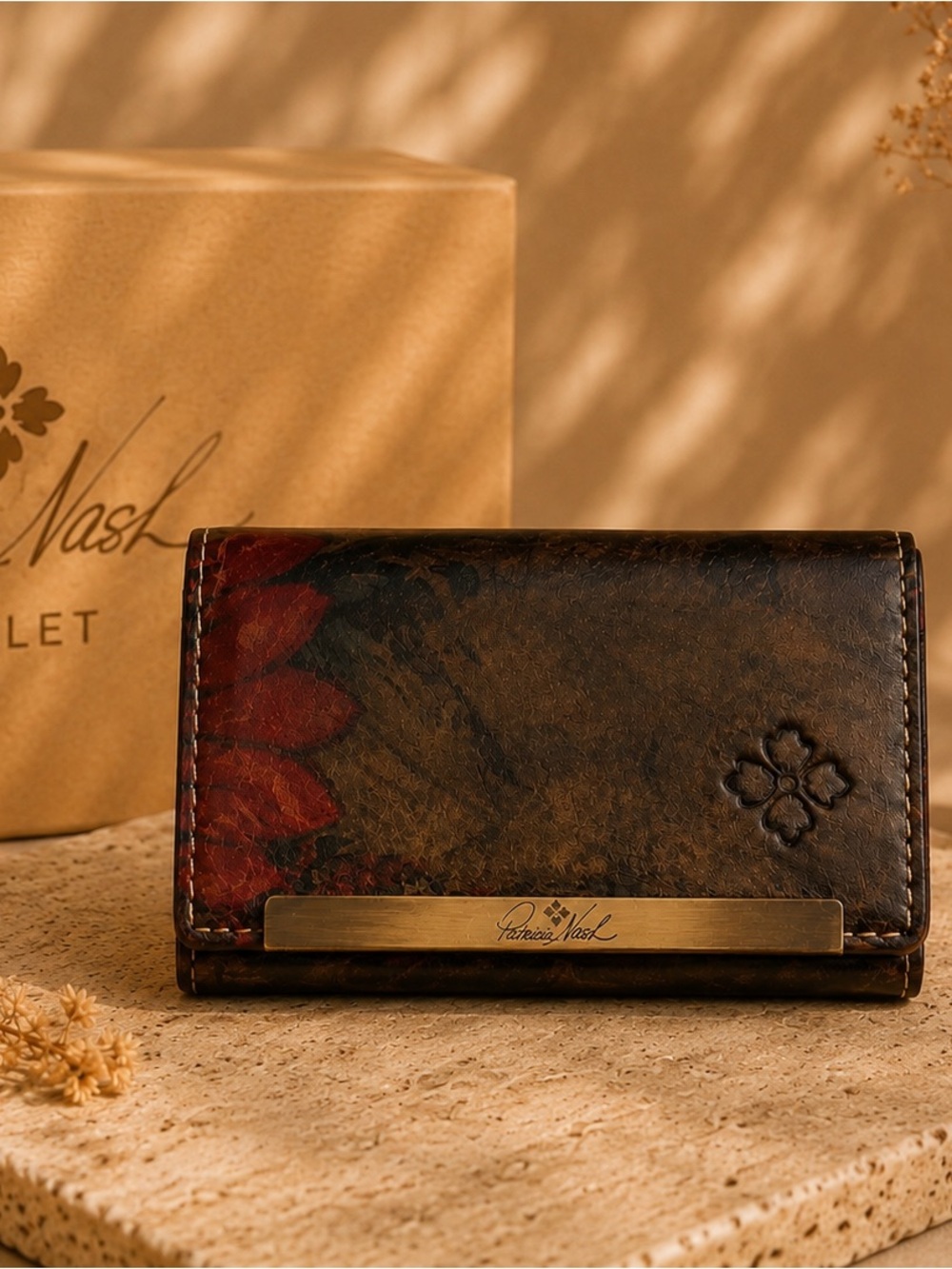 Patricia Nash Dark Brown Leather Card Case with Metal Accent